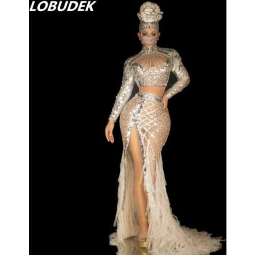 Women Models Performer Stage Costume Silver Sequins Perspective Tops Mermaid Long Skirt Outfit Sexy Birthday Celebrate Prom Wear