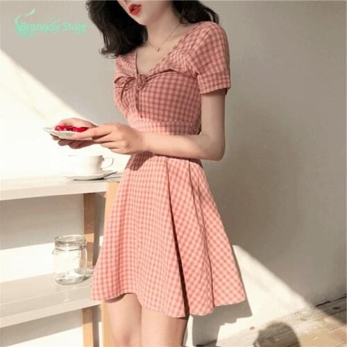 2021 Fashion Women Aesthetic Korean Fashion Harajuku Cottagecore Vestidos Plaid Skirt Fairy Elegantes Dress Casual Clothing