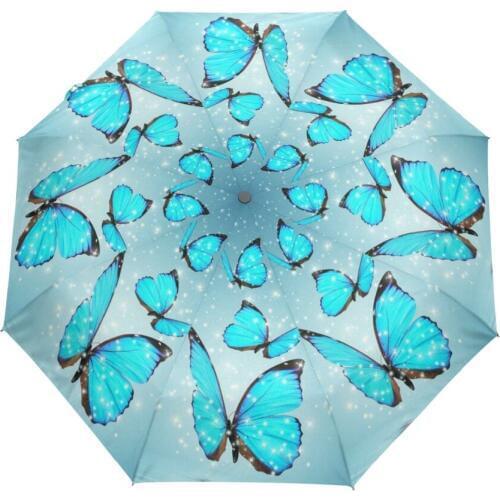 Compact Windproof Blue Butterfly Umbrella Women Fully Automatic Three Folding Creative Rain Umbrella for Snow Rainy Day