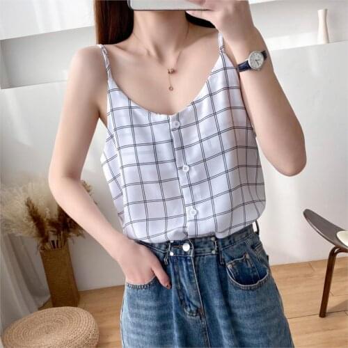 2021 Strap Plaid Chiffon Camis Tank Top Women Sexy V Neck Elegant Buttons Vest Women Casual Korea Streetwear Camisole Female