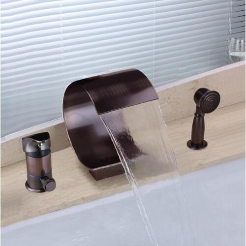Antique Roman Tub Waterfall Widespread Handshower with Ceramic Valve one Handles three Holes for Oil-rubbed Bronze