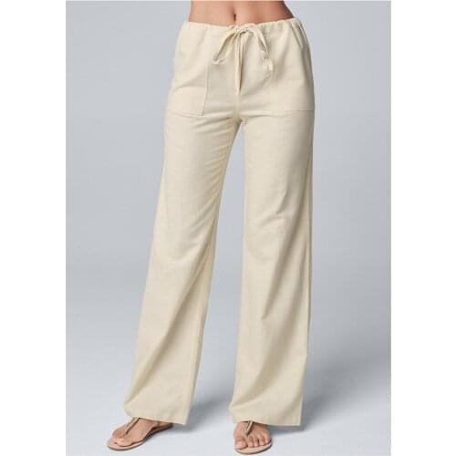 Womens Solid Color Loose Lace Up Cotton Linen Straight Casual Pants Drawstring Elastic Waist Long Wide Leg Pants Woman Trousers