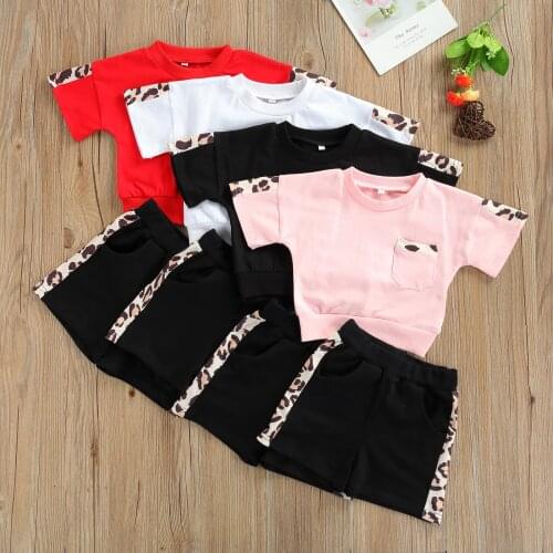 0-3 Years Fashion Children Clothes Boys Girls Summer Casual Set Leopard Short Sleeve Stitching T-shirt and Shorts 2 Pcs