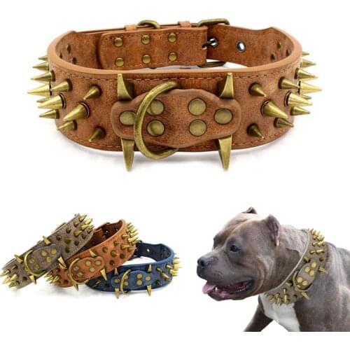 Spiked Large Dog Collar For Medium Large Breed Rottweiler Pitbull Mastiff Boxer 2" Wide Luxurious Leather Dog Collar For Big Dog