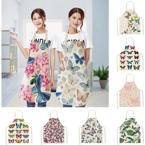 Butterfly Flowers Linen Kitchen Apron for Woman Dress Japanese Cartoon Garden Aprons Cooking Accessories Home Decor Apron