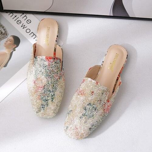 Celebrity Crystal multicolor mules women square toe slippers summer shoes woman sandals flipflops plus size 40-43 glitter slides