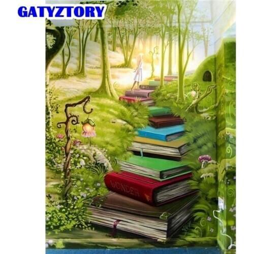 GATYZTORY Diy Framed Paints By Numbers Kits For Beginner The Forest Book Road Scenery Painting HandPainted Gift For Wall Picture
