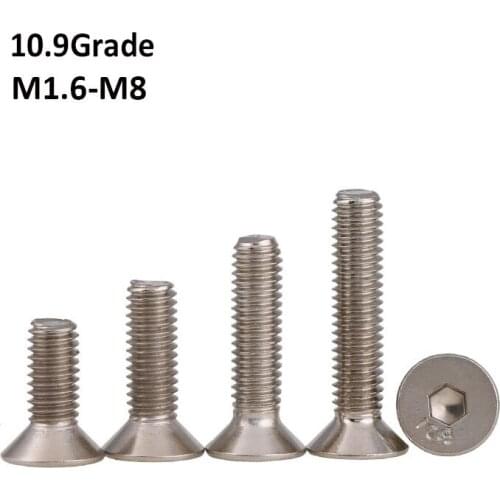 Ni-plated Grade 10.9 Carbon Steel Hex Hexagon Socket Countersunk Head Screws Flat Head Screw Bolts DIN7991 M1.6 M2 M2.5 M3-M8