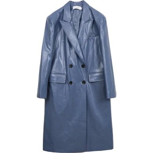 New long style Bright Pu leather Trench coat women temperament double breasted Windbreaker leather Outwear