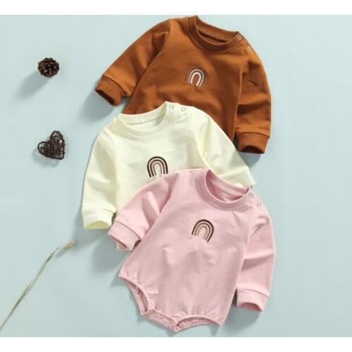 Baby Autumn Bodysuits, Rainbow Embroidery Long-Sleeves Jumpsuit with Crotch Buttons for Toddlers Girls, Boys, 0-24 Months