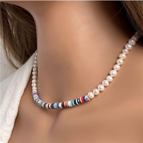 Freshwater Pearl Polymer Clay Necklace Soft Pottery Choker Bohemian Colorful Necklaces Collar Handmade Women Femme Jewelry Gift