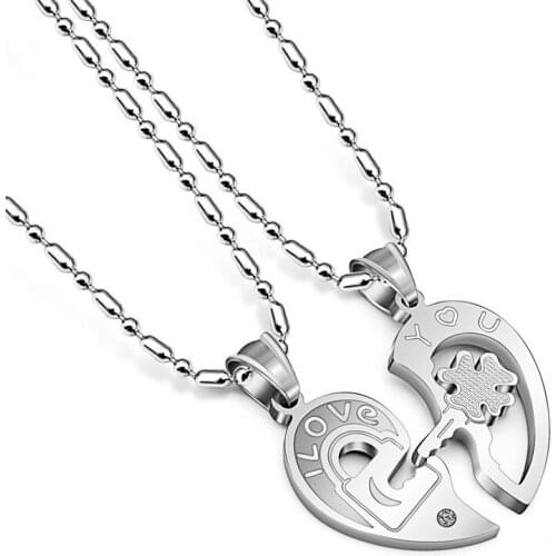 Two Colors Stainless Steel Love Heart CZ Puzzle Matching Chain Mens Womens Couple Necklace Pendant Lovers Jewelry Valentine Gift