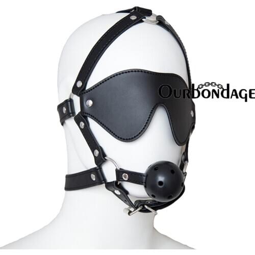 Ourbondage Leather Ball Gag and Blindfold Head Harness Open Mouth Gag Muzzle Strap BDSM Bondage For Men and Women Sex Toys