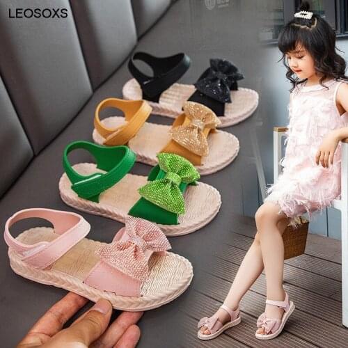 Childrens Sandals Summer New Princess Shoes Casual Bow Velcro Flat Soft Bottom Antiskid Girls' Beach Shoes
