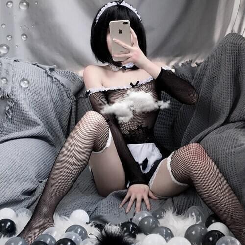 Sexy Lingerie Cosplay Lolita Perspective Erotic Apron Maid Cute Babydoll Dress Women Lace Miniskirt Maid Outfit with Stockings