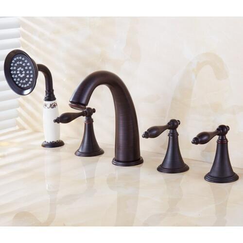 Deck Mounted 5 Holes Bathtub Mixer Faucet Black Oil Rubbed Brass Widespread 3 Handle bathroom basin Faucet Set Handshower atf055