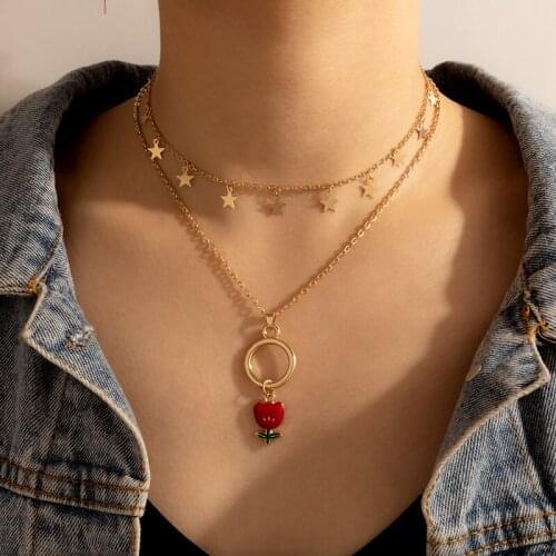 HuaTang Trendy Red Flowers Pendant Nacklace for Women Charms Star Geometry Alloy Layered Clavicle Chain Jewelry Collar 17045