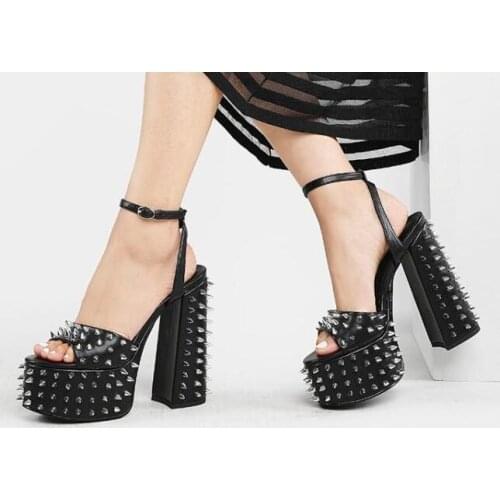 Moraima Snc Thick Heels Platform Sandals Summer Open Toe Rivets Studded Ankle Strap Gladiator Shoes Big Size Sexy Pumps Black