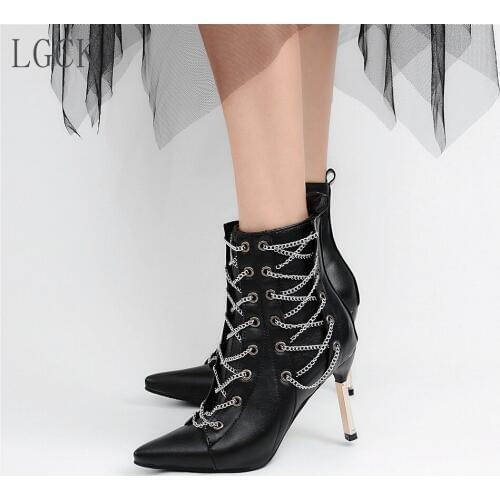 Plus Size 34-48 Women Shoes Fashion Zip Metal Chains Rivet Motorcycle Boots Super Thin High Heels Pumps Ankle Boots Punk Sexy