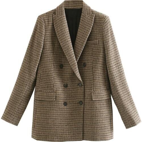 Vintage Casual Plaid Blazer Women Fashion Double Breasted Office Ladies Suit Jacket Notched Collar Long Sleeve Coat Ladies H1135