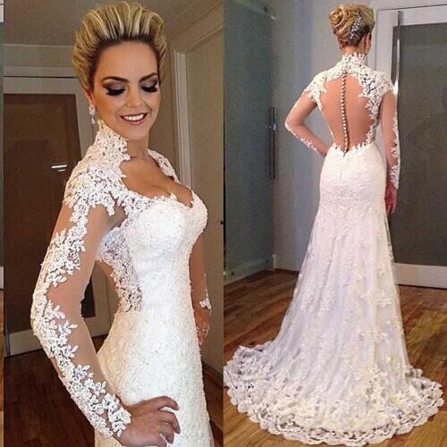 Long Sleeve Mermaid Sheer Back Buttons 2015 Vestido de Novia Bridal Gown With Appliques Mermaid Lace Wedding Dresses