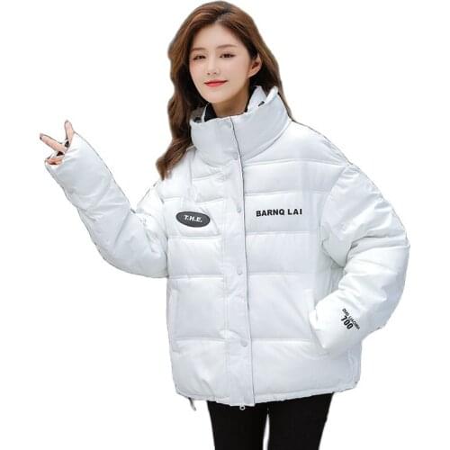 Women Winter Stand Collar Short Contrast Color Letters Windproof Coat Puffer Jacket Cotton Padded Parkas Outwear Overcoat