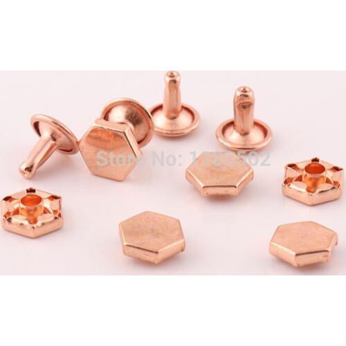 100sets/lot Rose Gold Color Hexagon Double Cap Rivets Spikes Rivets For Leather Craft Bag Belt garment decoration