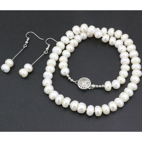 9-10mm white pearl beads necklace earrings jewelry set for women natural freshwater pearls weddings party gifts jewels 18" B3453