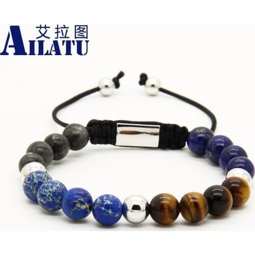 Ailatu Prayer Jewelry 8mm Sea Sediment Stone Beads Tiger Eye Stone and Onyx Energy Macrame Weaving Bracelet Hombre Bracciali
