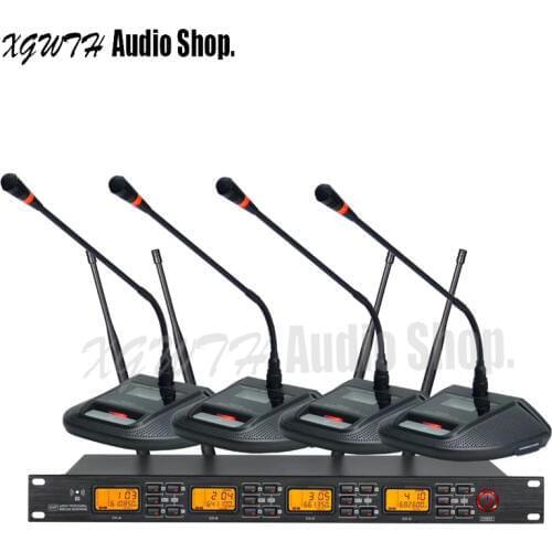 4 x 60 Channel Digital Wireless Microphone System UHF Audio Condenser Cardioid 4 Gooseneck Desktop Conference Mic