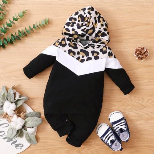 PatPat Leopard Color Block Hooded Long-sleeve Baby Jumpsuits