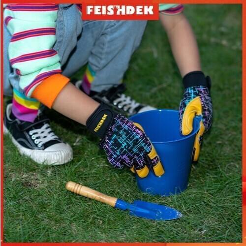 Kids Gardening Work Gloves Genuine Leather Sheepskin Protection Safety Outdoor Cycling Moto Reflective Children Planting Gloves