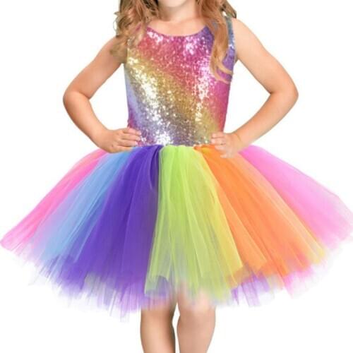 Children Dance Costume Princess Cosplay Rainbow Sequined Mesh Colorful Tutu Dress Masquerade Party Role Play Kids Clothes
