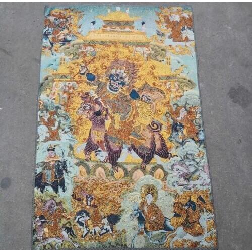Home Decor 35" Thangka embroidery Tibetan Buddhism silk embroidery brocade Nepal Mahakala Equestrian statue