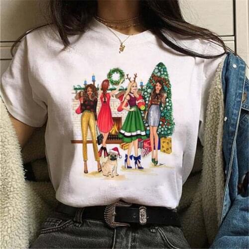 FIXSYS Girls Harajuku Tops Tee Fashion Ladies Graphic Printed Women T-shirt Merry Christmas Tree Cartoon Short Sleeve Tshirts