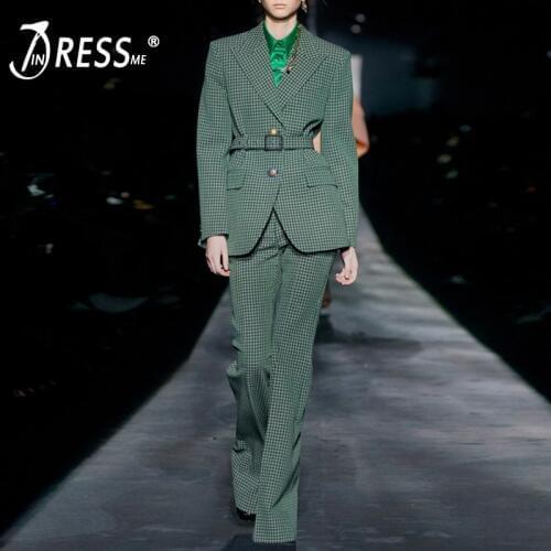 INDRESSME Fashion Turn Down Collar Full Sleeve Sexy Business Pant Suits Set Blazers Formal Plaid With Belt Women Sets 2020