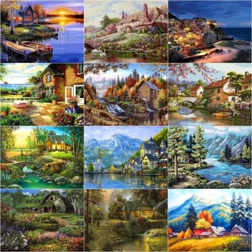 GATYZTORY DIY Oil Painting By Numbers For Kids 40x50cm Framed Village House Scenery Picture By Number Handmade Home Decors