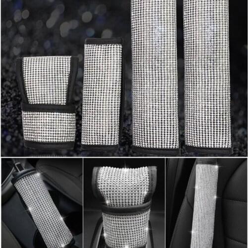 6 Pack Crystal Steering Wheel Cover Kit Breathable Non-slip Message Palm Stylish Rhinestone Seat Belt Handbrake Covers