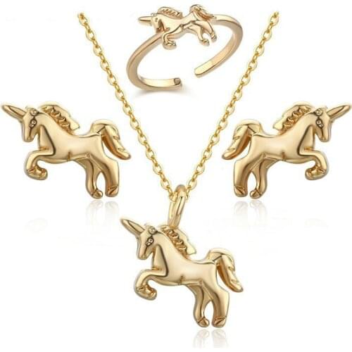 Cute Slim Horse Charm Pendant Necklace Stud Earrings Ring Small Jewelry Sets for Women Girls Kids Children Gold Color Horse Gift