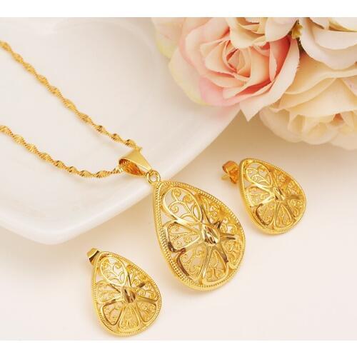 Gold dubi flower hollow Jewelry Sets stud Earrings Pendant necklace chain African bridal Women Party African wedding gifts