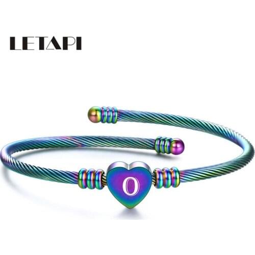 LETAPI 2021 New Fashion Punk Vintage Colorful Stainless Steel Jewelry Alphabet Heart Cuff Bangles for Women Wholesale
