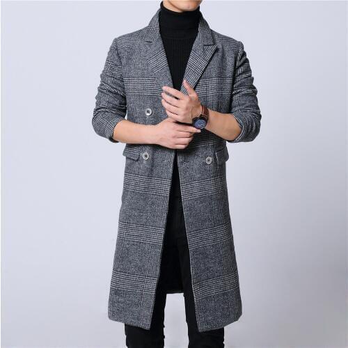 Mens long coat winter woolen melton overcoat plaid gray double breast full lining long sleeve M-6XL 18NovW4 drop ship pick lapel