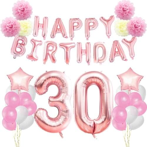 Birthday Decorations Kit Rose Gold Happy birthday Banner Giant Number and Star Helium Foil Balloons Paper Pom Flowers for Party