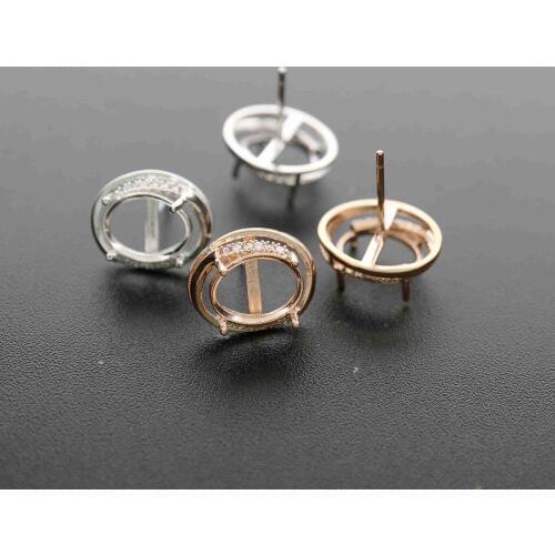 Multiple Sizes Oval Solid 925 Sterling Silver Rose Gold Tone DIY Prong Studs Earrings Settings Bezel with Cubic Zirconia 1706020