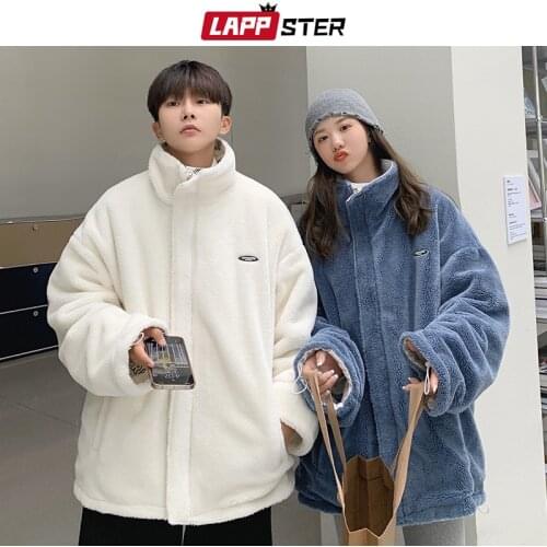 LAPPSTER Men Japanese Streetwear Letter Lambswool Parkas 2021 Mens Solid Patchwork Winter Jacket Male Oversized Harajuku Jackets