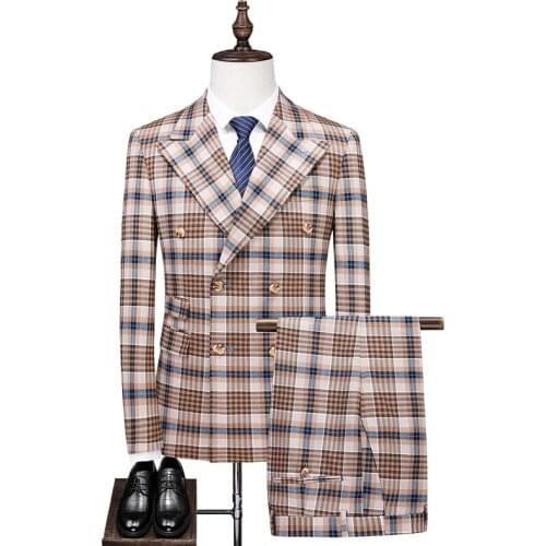 Jacket + Pants ) New Men Suit Plaid Double Breasted Two Pieces Slim Fit High Quality Wedding Party Singer Costume