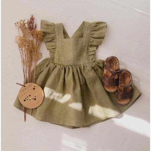 0-6Yrs Baby Girl Dress Linen Cotton Ruffle Lace Sleeve Kids Dresses for Summer Princess Party Dress for Girls Toddler Clothes