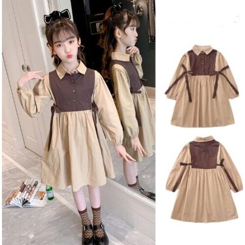 Kids Long Sleeve Party Dress For Girls Clothes Spring School Children Turn-down Collar Color Patchwork Dresses 4 6 9 10 12 Year