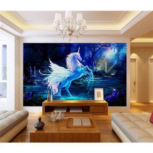 Custom 3d photo wallpaper 3d wall mural wallpaper Blue sky rainbow waterfall white horse animal landscape paintings 3d wallpaper