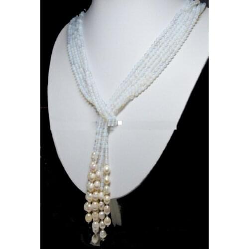 Selling Jewelry>>hot Long Charming 3 Strands 4mm White Moonstone Bead & White Pearl Necklace 50"